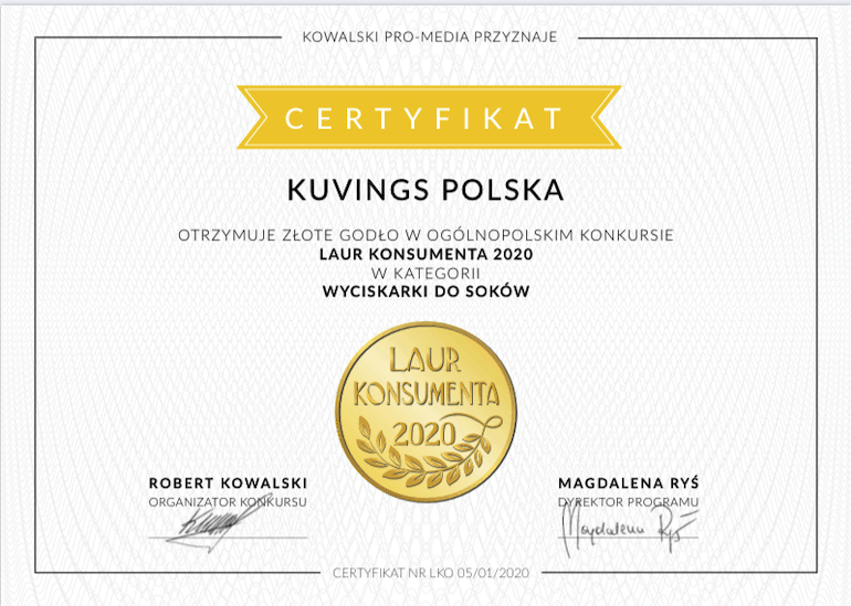 Kuvings otrzymał złotu Laur Konsumenta 2020